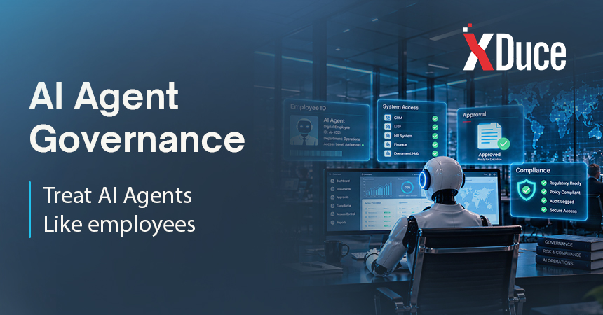 AI agent governance concept showing an AI agent managed like an employee with ownership, system access, approval, and compliance controls.