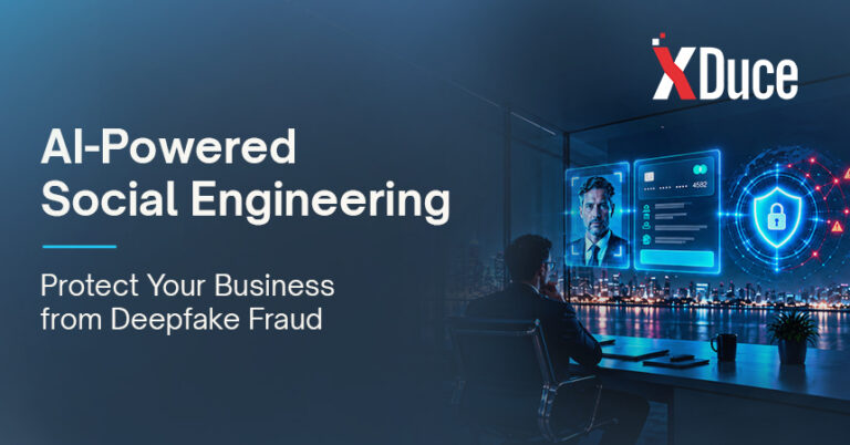 AI-powered social engineering threat showing deepfake impersonation, business payment fraud, and cybersecurity protection.