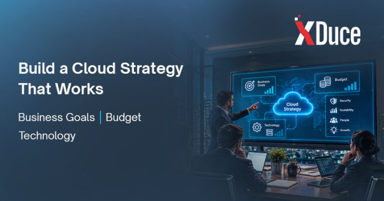 Business leaders building a cloud strategy around business goals, budget, technology, security, and growth.
