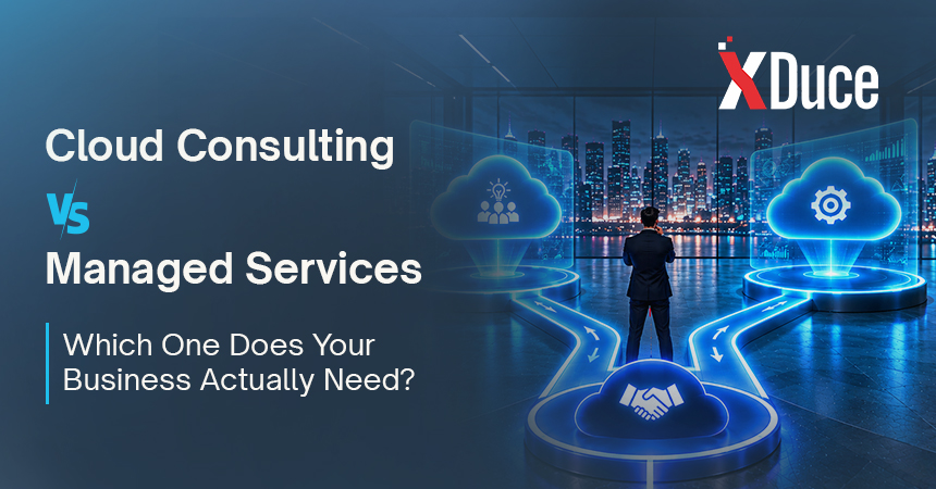 Business leader comparing cloud consulting and managed services based on strategy, migration, monitoring, and ongoing support.