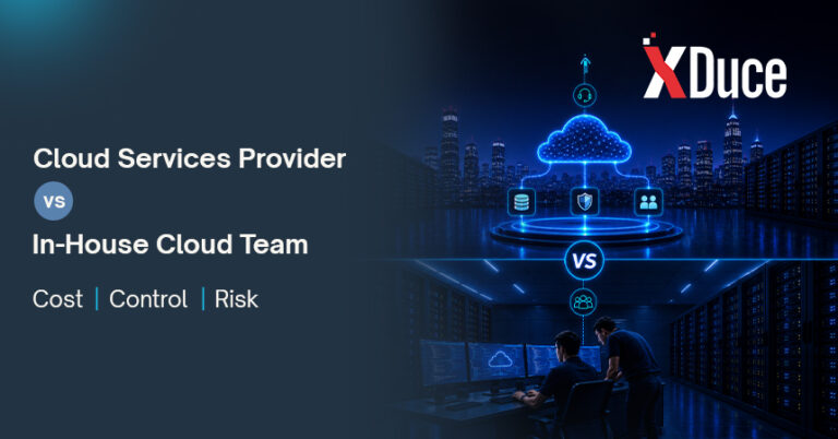 Cloud services provider compared with an in-house cloud team based on cost, control, security, and risk.
