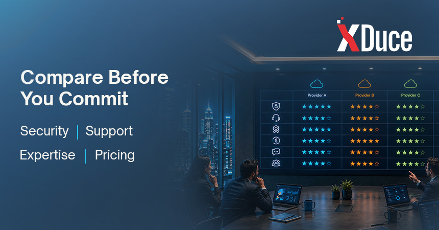 Business team comparing cloud solution providers using a scorecard for security, support, expertise, pricing, and client references.