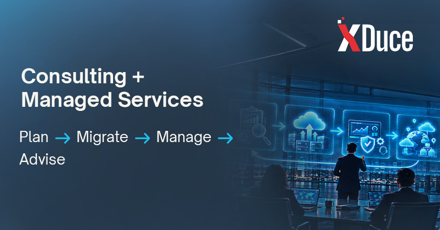 Cloud service lifecycle showing consulting, migration, managed services, and ongoing strategic cloud consulting.