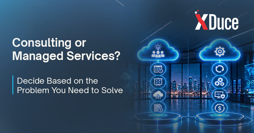 Cloud consulting and managed services comparison showing duration, goals, triggers, and pricing models.