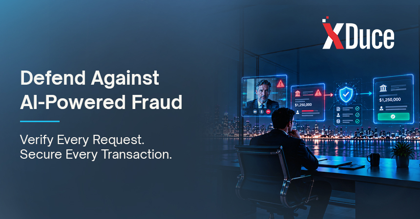 Business professional verifying a payment request against an AI-generated executive impersonation using security controls.