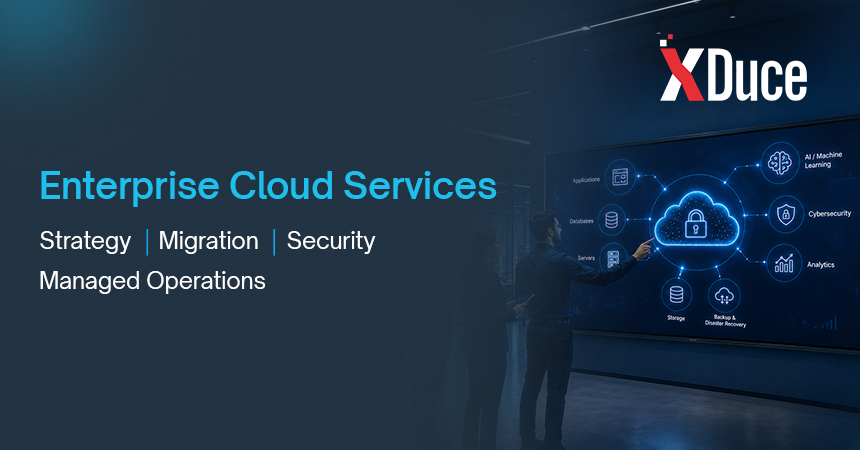 IT professionals reviewing enterprise cloud architecture featuring cloud migration, cybersecurity, managed cloud services, and scalable infrastructure in a modern digital workspace.