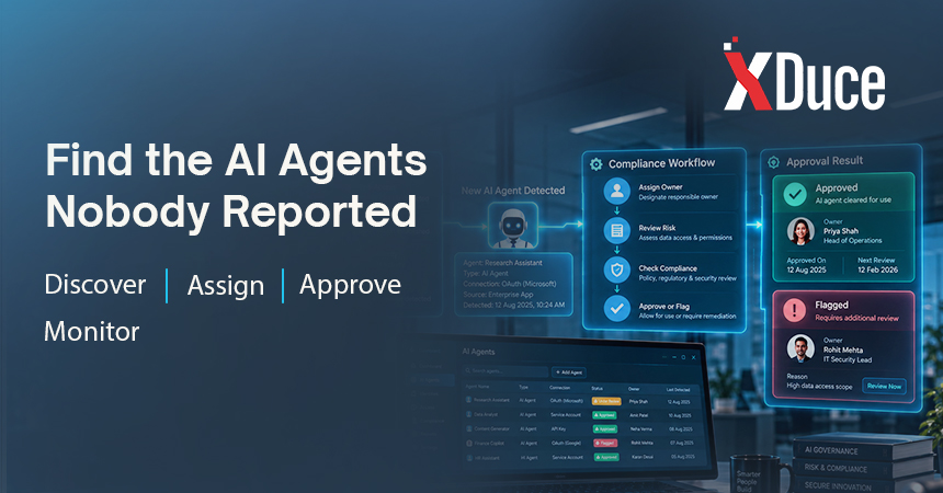 AI agent discovery and governance workflow showing security signals routed to compliance for ownership, approval, and review.