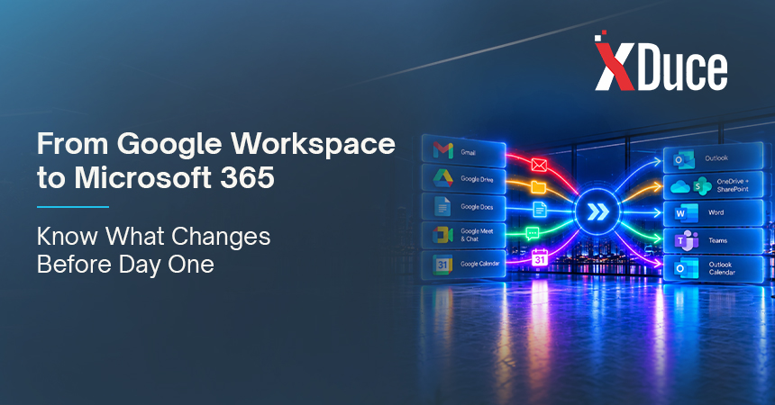 Google Workspace to Microsoft 365 migration showing Gmail to Outlook, Google Drive to OneDrive and SharePoint, and Google Meet to Teams.