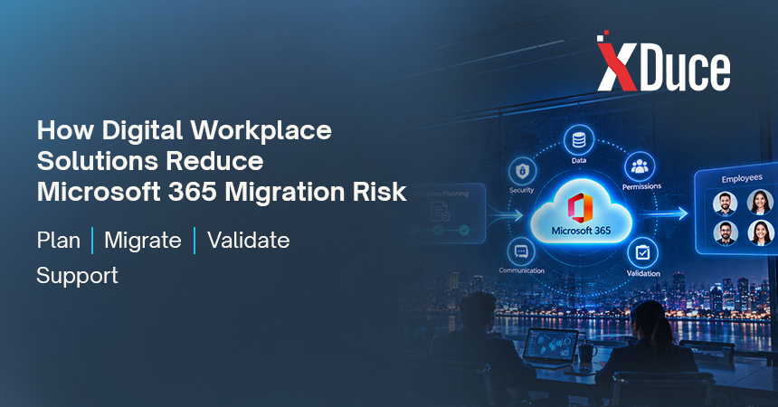 Business and IT team managing a Microsoft 365 migration with planning, data validation, security, permissions, and employee support.