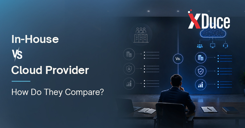 Comparison between an in-house IT team and cloud solution provider for cost structure, security expertise, and scalability.