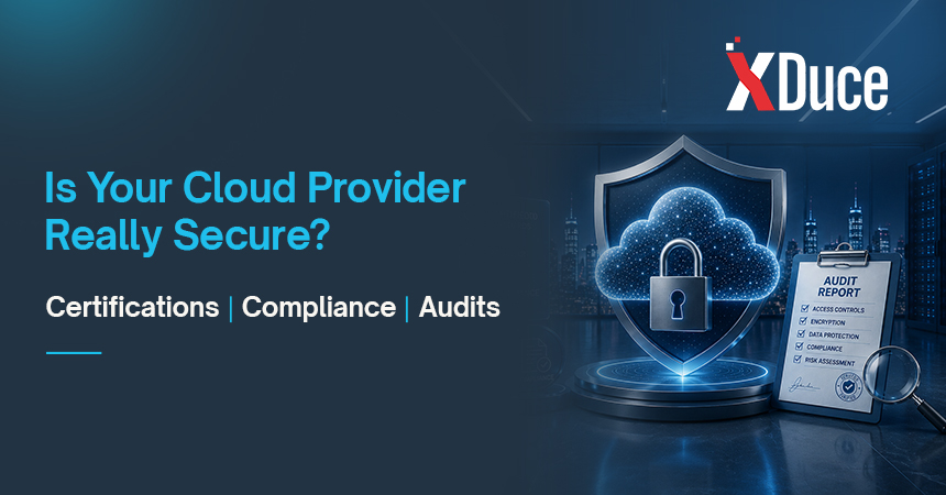 Cloud security and compliance illustration showing certifications, audits, data protection, and a security shield.