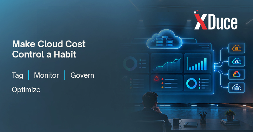 Cloud governance dashboard showing resource tagging, spending alerts, cost monitoring, forecasting, and ongoing optimization.