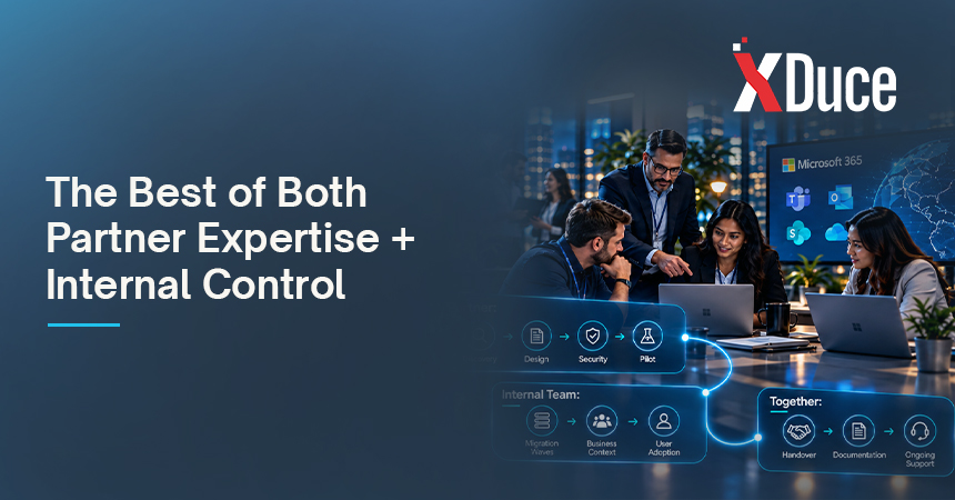 Co-sourced Microsoft 365 migration model combining partner expertise with internal IT team control and business knowledge.