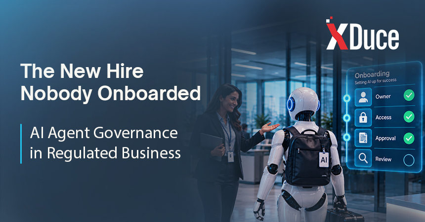 AI agent entering a regulated business environment with governance controls for ownership, access, approval, and periodic review.
