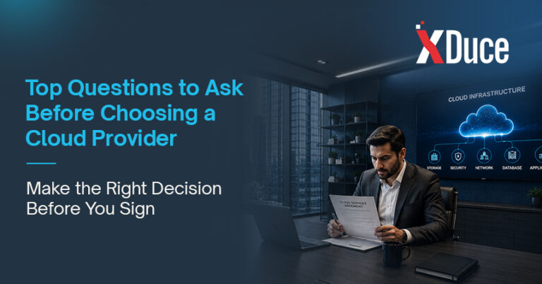 Business decision-maker reviewing a cloud services provider contract before signing an agreement.