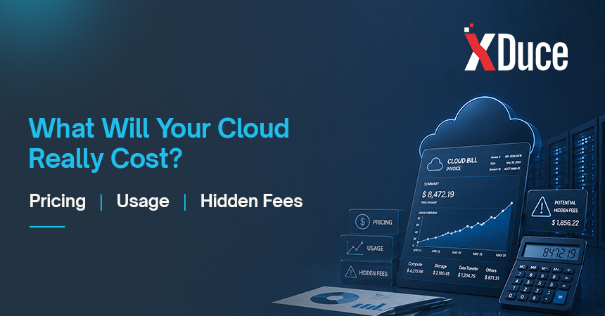 Cloud pricing illustration showing usage costs, storage fees, data transfer charges, and potential hidden cloud expenses.