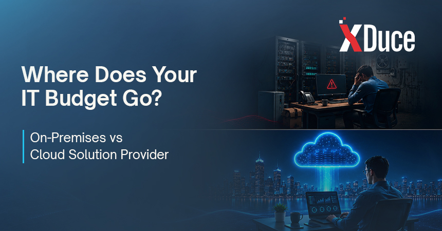 Comparison of on-premises IT and cloud solution provider costs for hardware, staffing, scaling, and downtime.