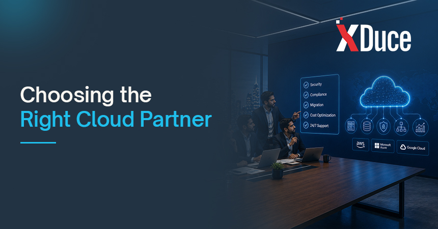 Business leaders evaluating a cloud services provider using a digital checklist highlighting security, compliance, migration, cost optimization, and managed cloud support.