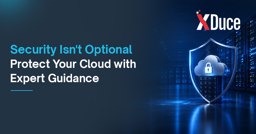 Cloud security consultant monitoring enterprise cloud infrastructure with secure servers, data protection, cybersecurity shield, and managed cloud services.