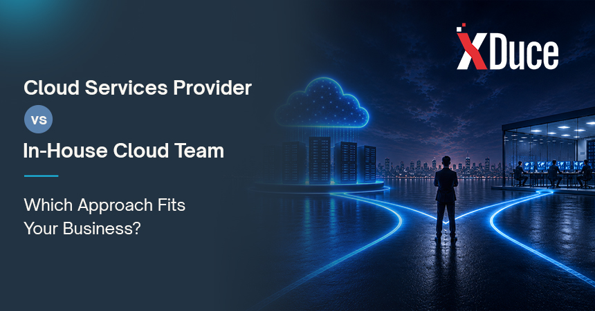 Business decision comparing an in-house cloud team with a cloud services provider for cost, control, and risk management.