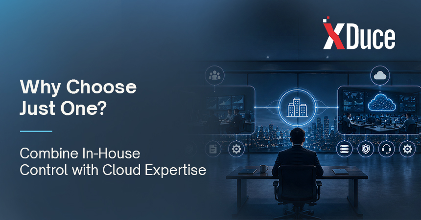 Hybrid IT model combining an internal IT team for strategy and governance with a cloud solution provider for infrastructure and security operations.